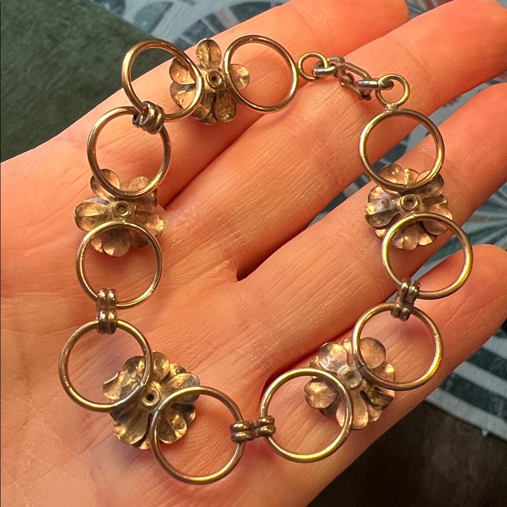 Vintage Gold Filled Sterling Silver Flower Iridescent Rhinestone Bracelet - Picture 5 of 9